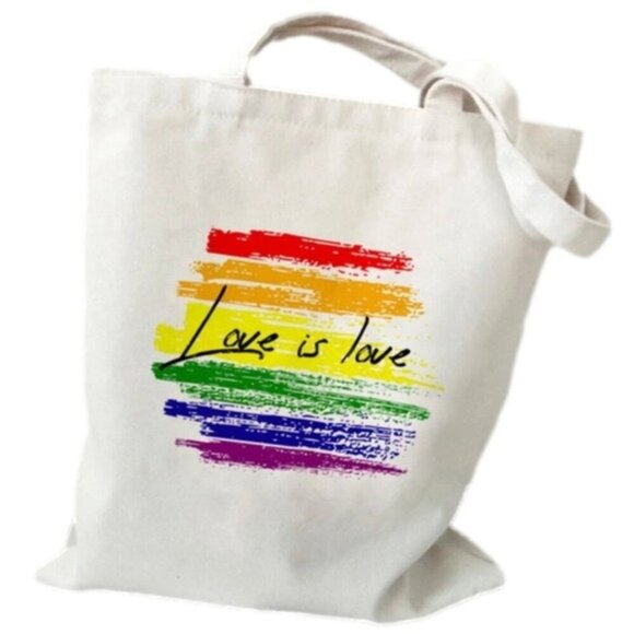 Love Is Love Rainbow Heart Tote Canvas Pride Bag LGBT Reusable Grocery 13x15 NWT - Picture 1 of 2